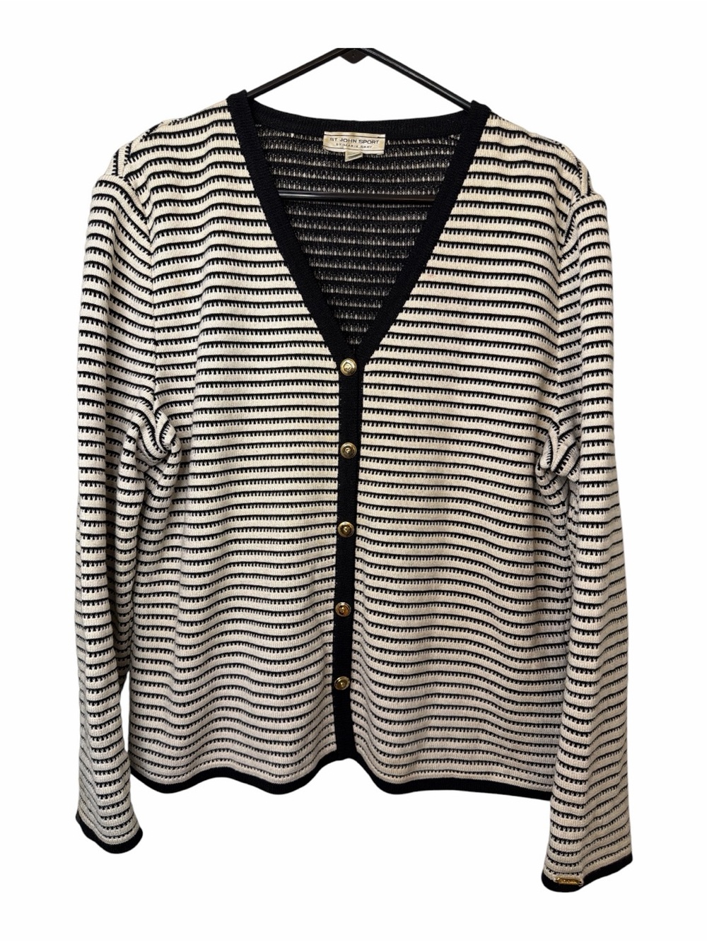 St John Sport Cardigan Sweater Womens Black Cream Striped Wool Blend